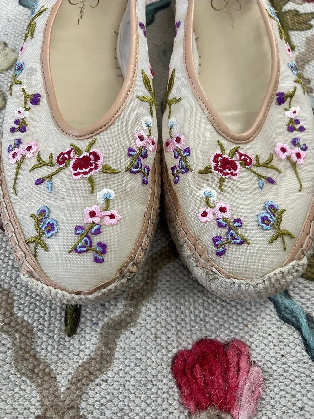 Jessica Simpson Beige Canvas Floral Embroidered Espadrilles